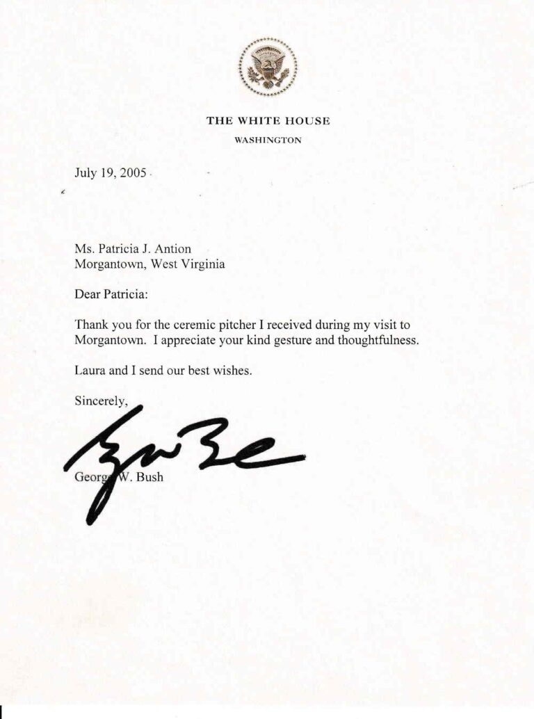 George W Bush Letter to Patricia Antion - Courtesy of Patricia Antion - Post 86 Reference Guide